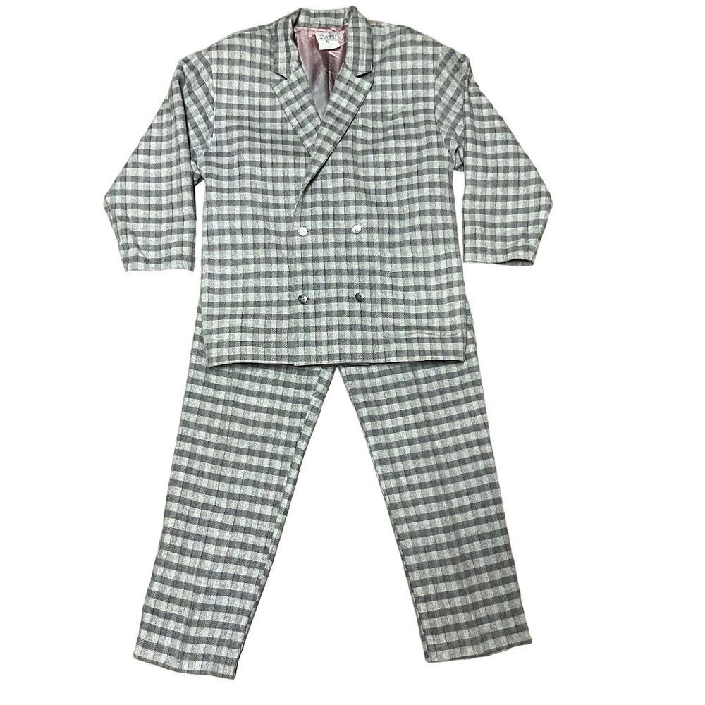 Vtg Gray Esprit Plaid Pantsuit Sz 10 Double Breasted Shoulder Pads Lined Womens